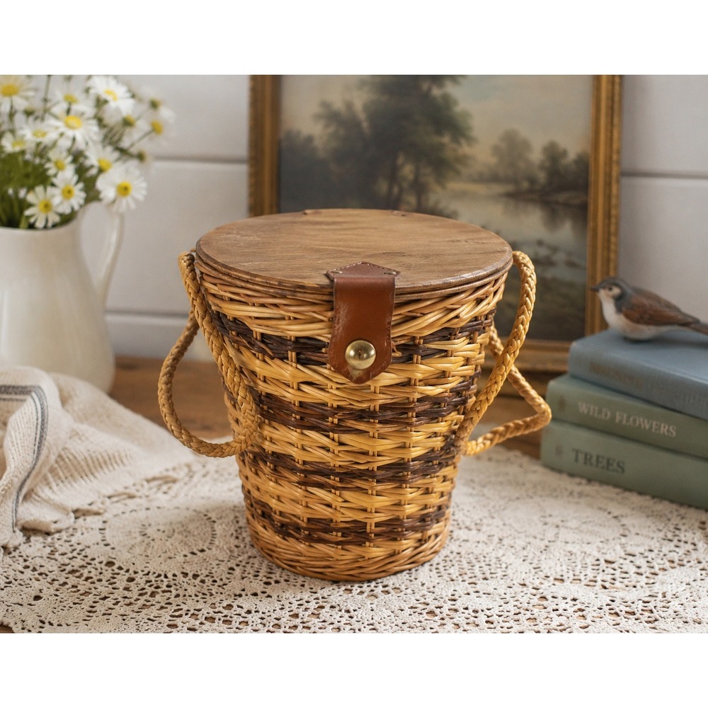 Vintage Wicker Picnic Basket Round Lidded Rope Handle Leather Strap Latch